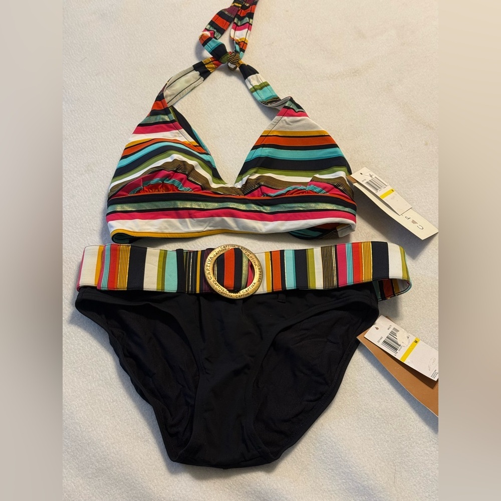New with tags. Captiva 2pc. Stripped Bikini Set with belted bottom. Medium.